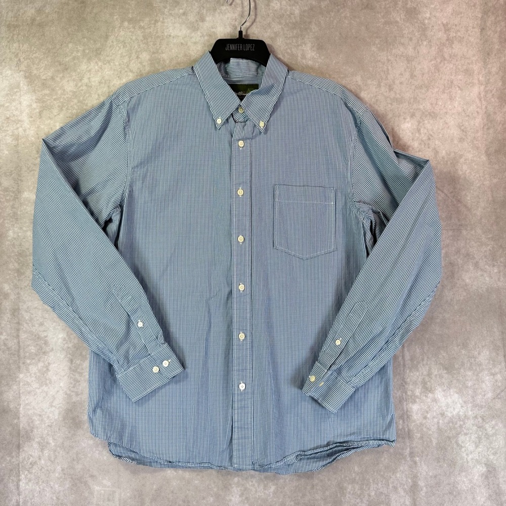 Eddie Bauer Button Down Shirt Men Large Blue White Gingham Cotton Long Sleeve